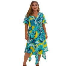 Large size women's 2020 explosions v-collar printed Bohemian holiday dress